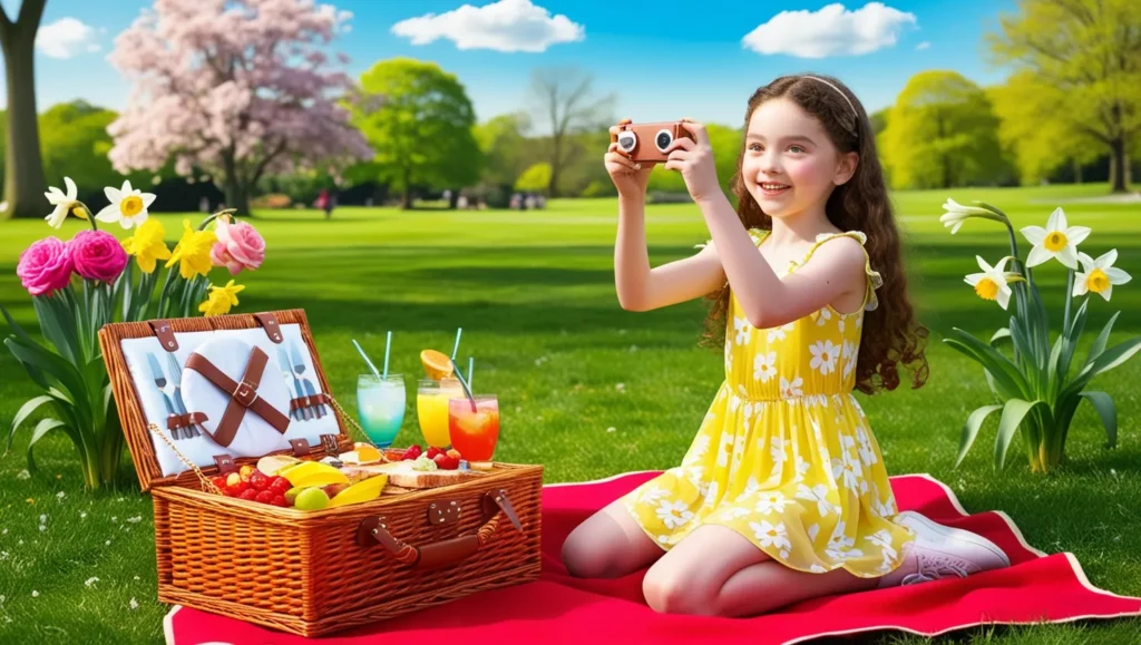 a picnic scene in park and a girl taking photos